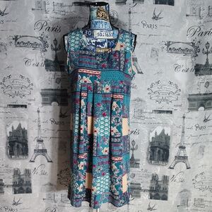 Chic Patchwork Midi Dress in Blue and Pink